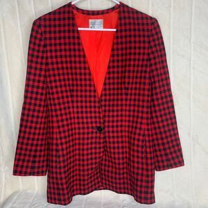 Vtg Miss Pendleton Blazer Womens 4 Red Black Plaid Front Button Virgin Wool Xmas